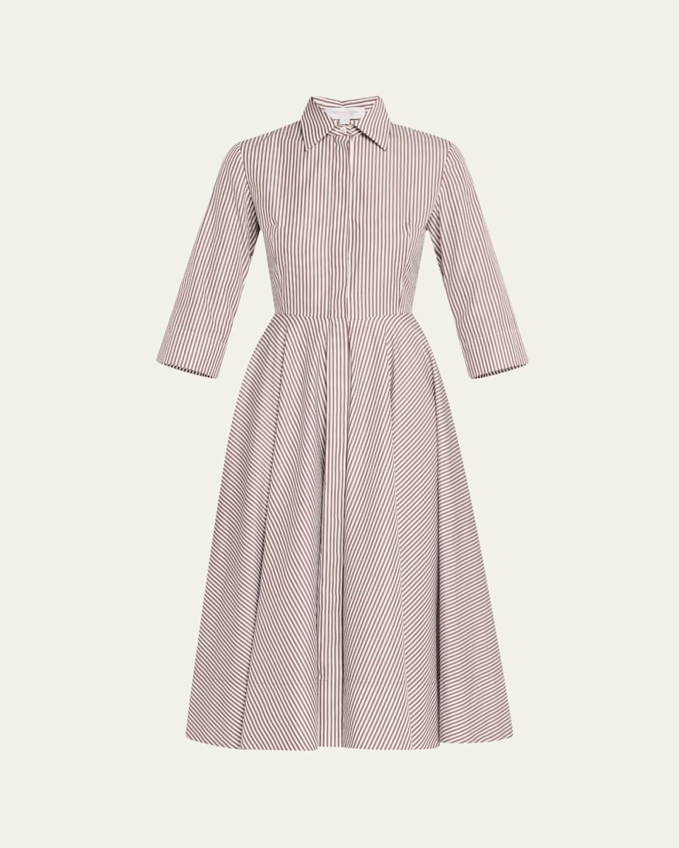 3/4-Sleeve Striped Midi Shirtdress With Belt